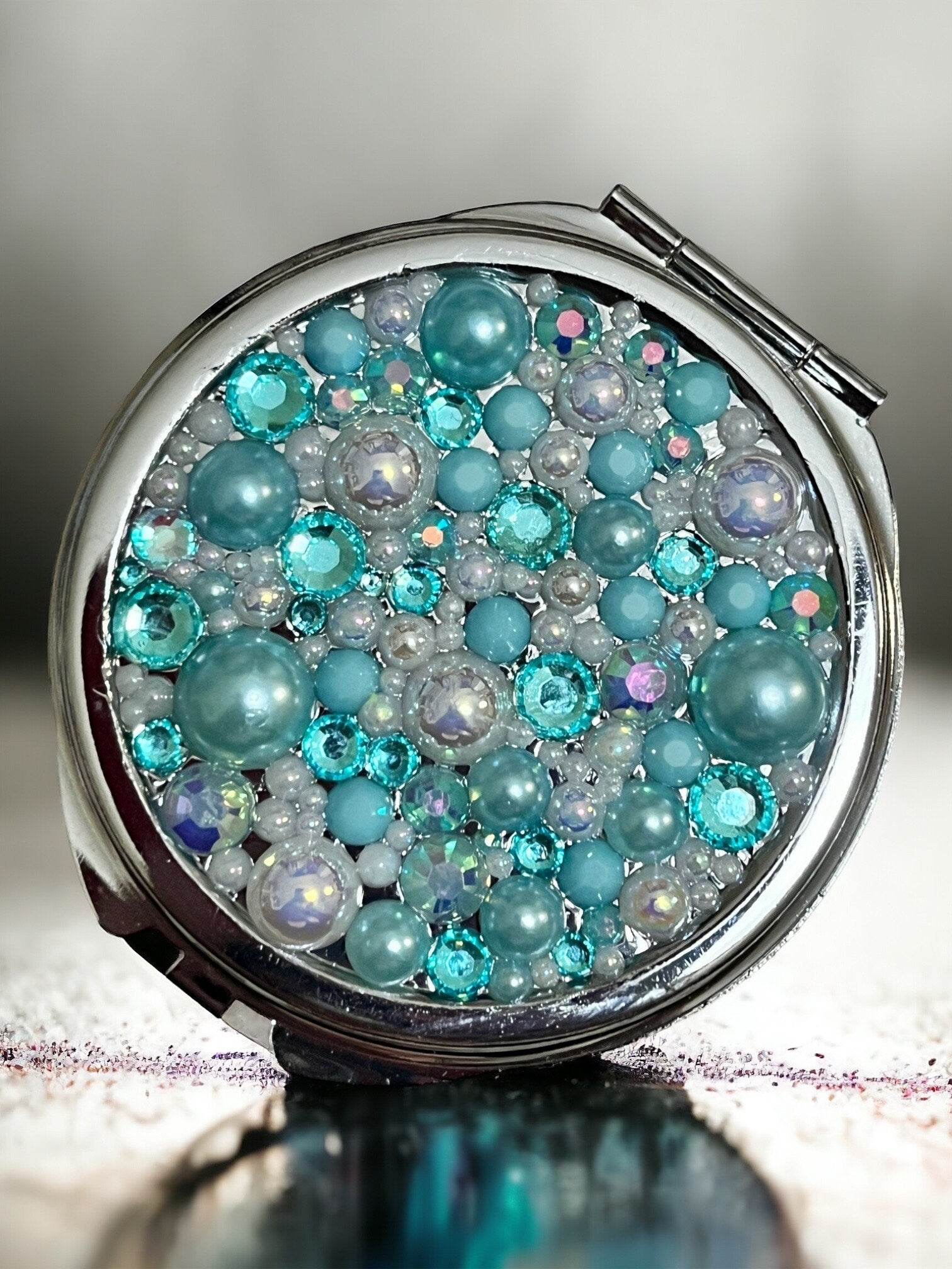 Compact Mirror Pearl Rhinestone Bling Pocket Mirror Gift for Her Pink Bling Mirror for Home Office Compact - Rhyann Catherine Designs