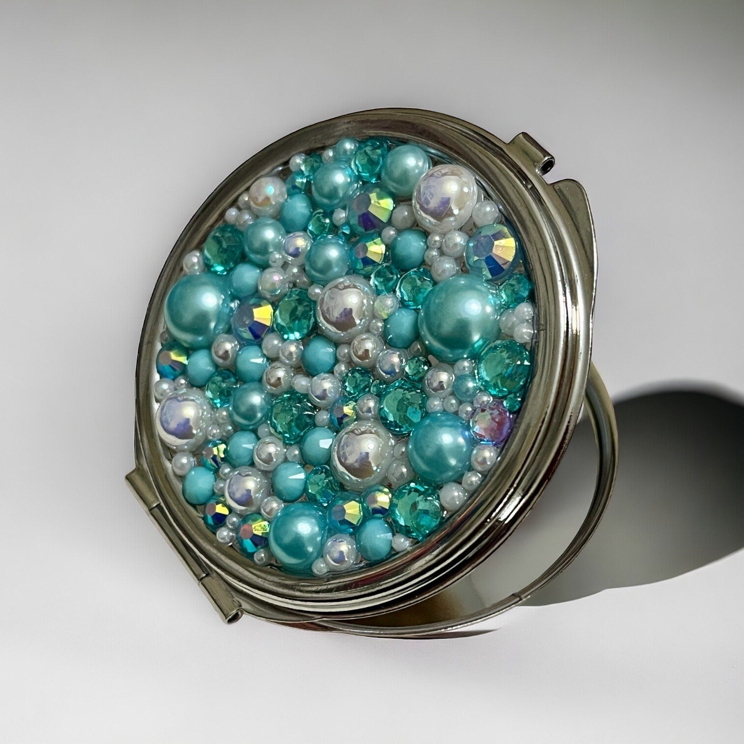 Compact Mirror Pearl Rhinestone Bling Pocket Mirror Gift for Her Pink Bling Mirror for Home Office Compact - Rhyann Catherine Designs