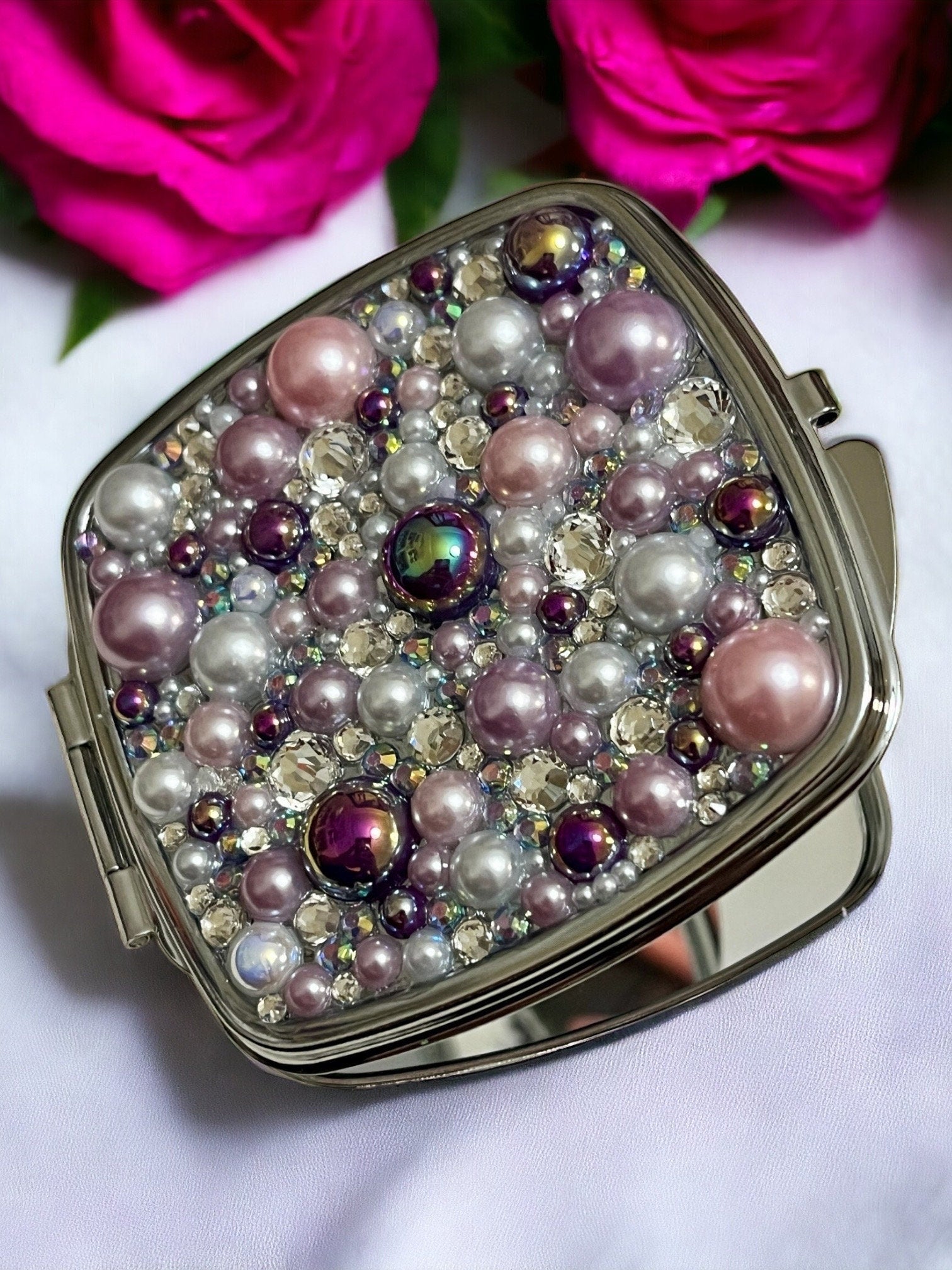 Compact Mirror Pearl Rhinestone Pink and Purple Bling Pocket Mirror Gift for Her Pearl Bling Mirror for Home Office Compact Gift - Rhyann Catherine Designs