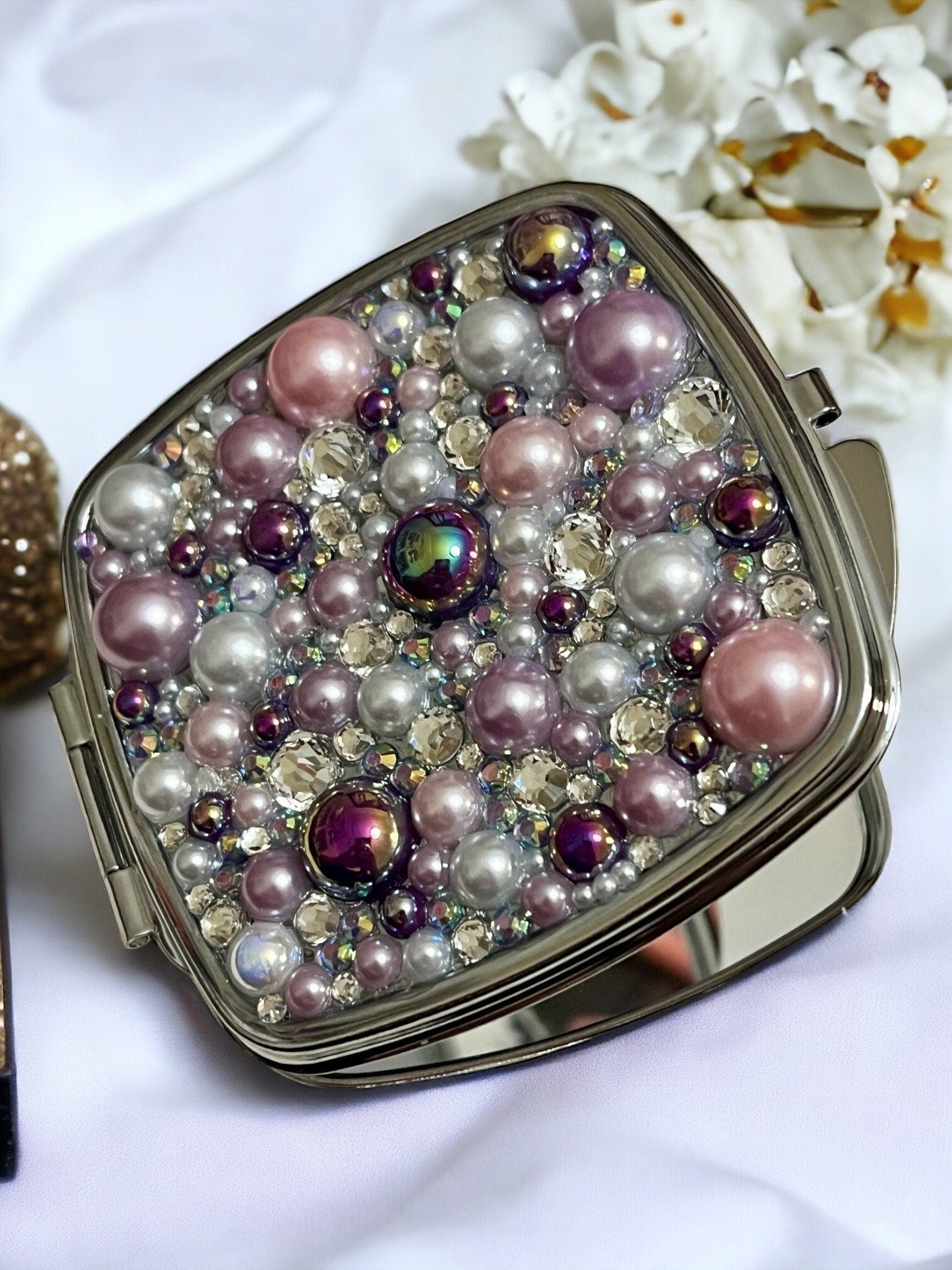Compact Mirror Pearl Rhinestone Pink and Purple Bling Pocket Mirror Gift for Her Pearl Bling Mirror for Home Office Compact Gift - Rhyann Catherine Designs