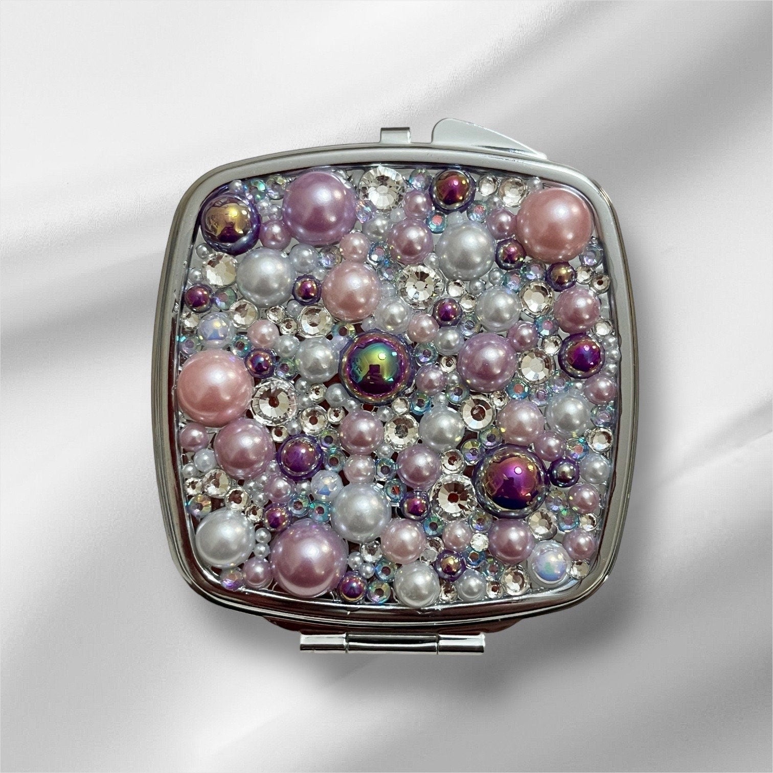 Compact Mirror Pearl Rhinestone Pink and Purple Bling Pocket Mirror Gift for Her Pearl Bling Mirror for Home Office Compact Gift - Rhyann Catherine Designs